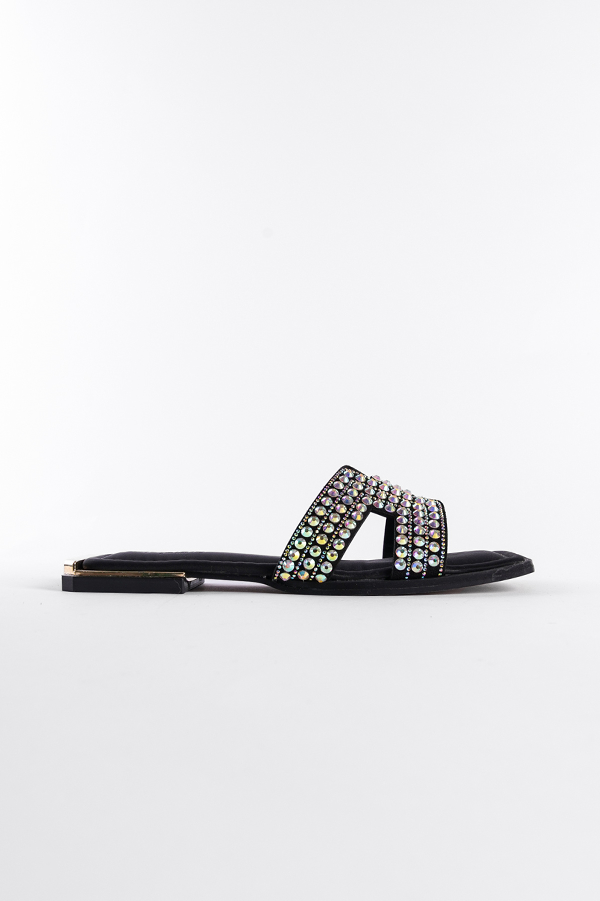 Capone Blunt Toe Crystal Embellished Band Metal Heel Detail Satin Woman Sandals