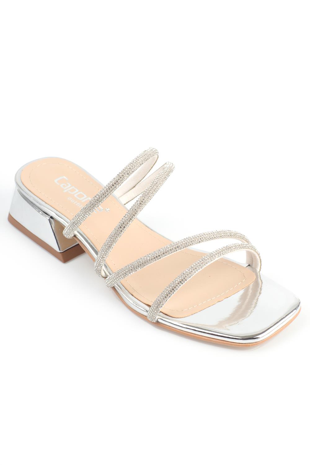 Capone Blunt Toe Crystal Embellished Bantlı Low Heel Mirror Fabric Woman Sandals
