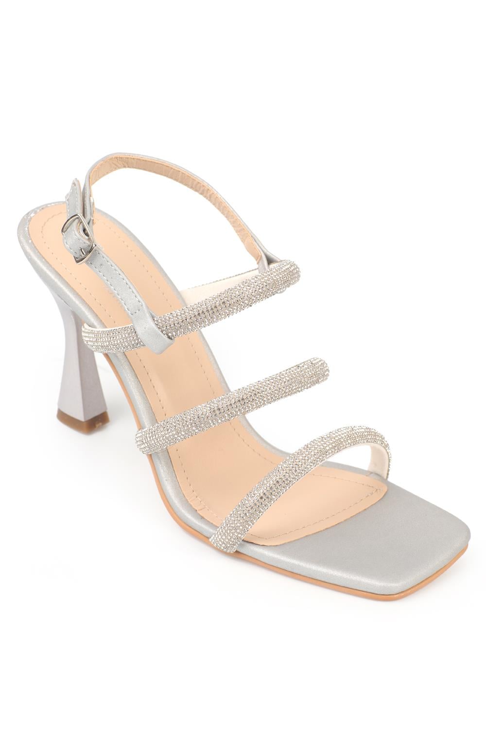 Capone Blunt Toe Crystal Embellished Three Bands High Heel Satin Woman Sandals