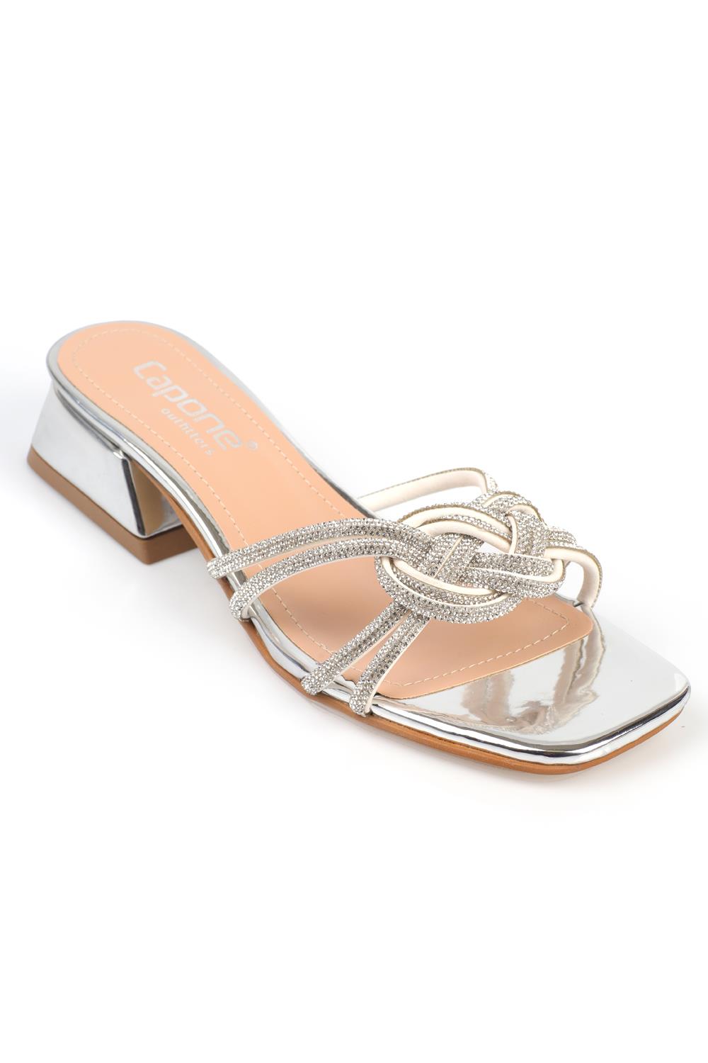 Capone Blunt Toe Crystal Embellished Wide Braided Band Low Heel Mirror Fabric Woman Sandals