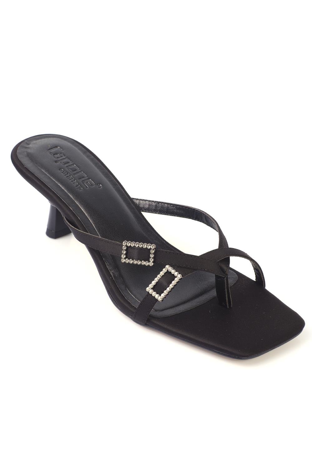 Capone Blunt Toe Medium Heel Double Crystal Embellished Buckled Satin Women Satin Black Sandals