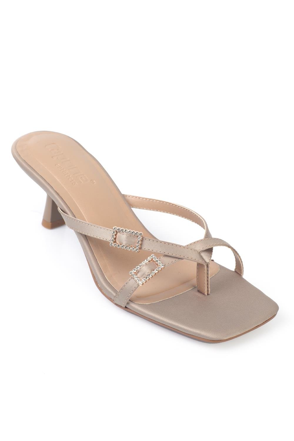 Capone Blunt Toe Medium Heel Double Crystal Embellished Buckled Satin Women Mink Sandals