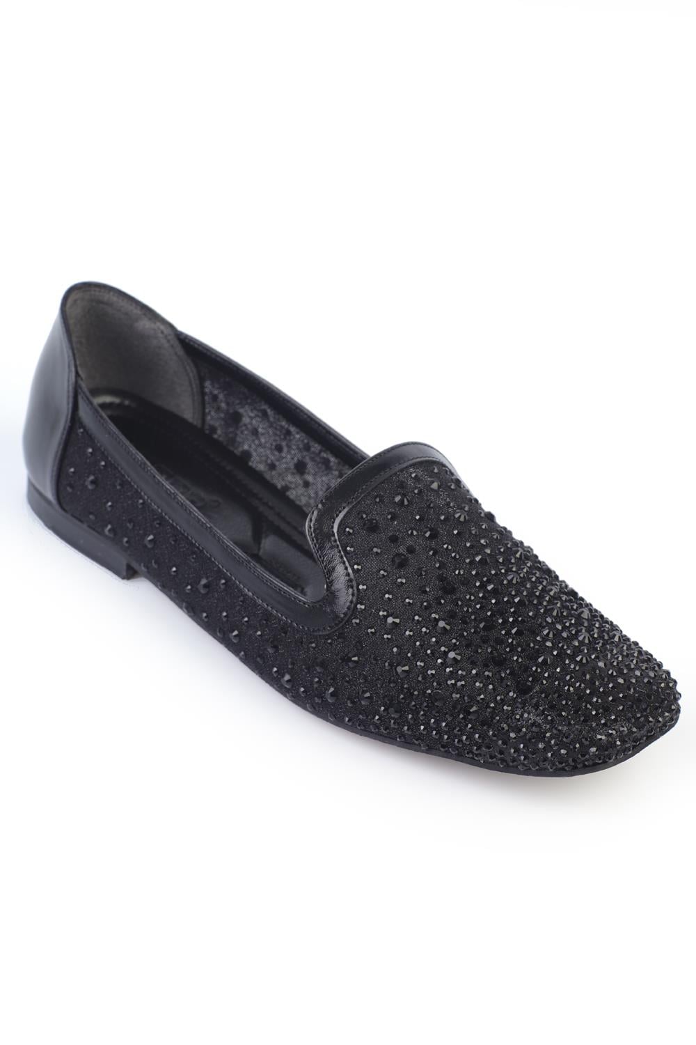 Capone Blunt Toe Meshed Crystal Embellished Women Metallic Black Stylish Ballerinas