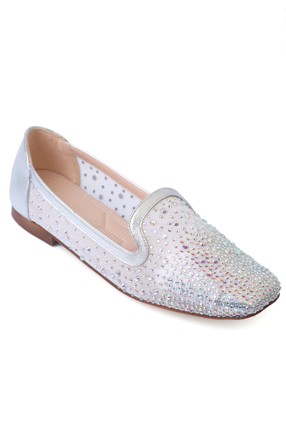 Capone Blunt Toe Meshed Crystal Embellished Women Metallic Silver Stylish Ballerinas