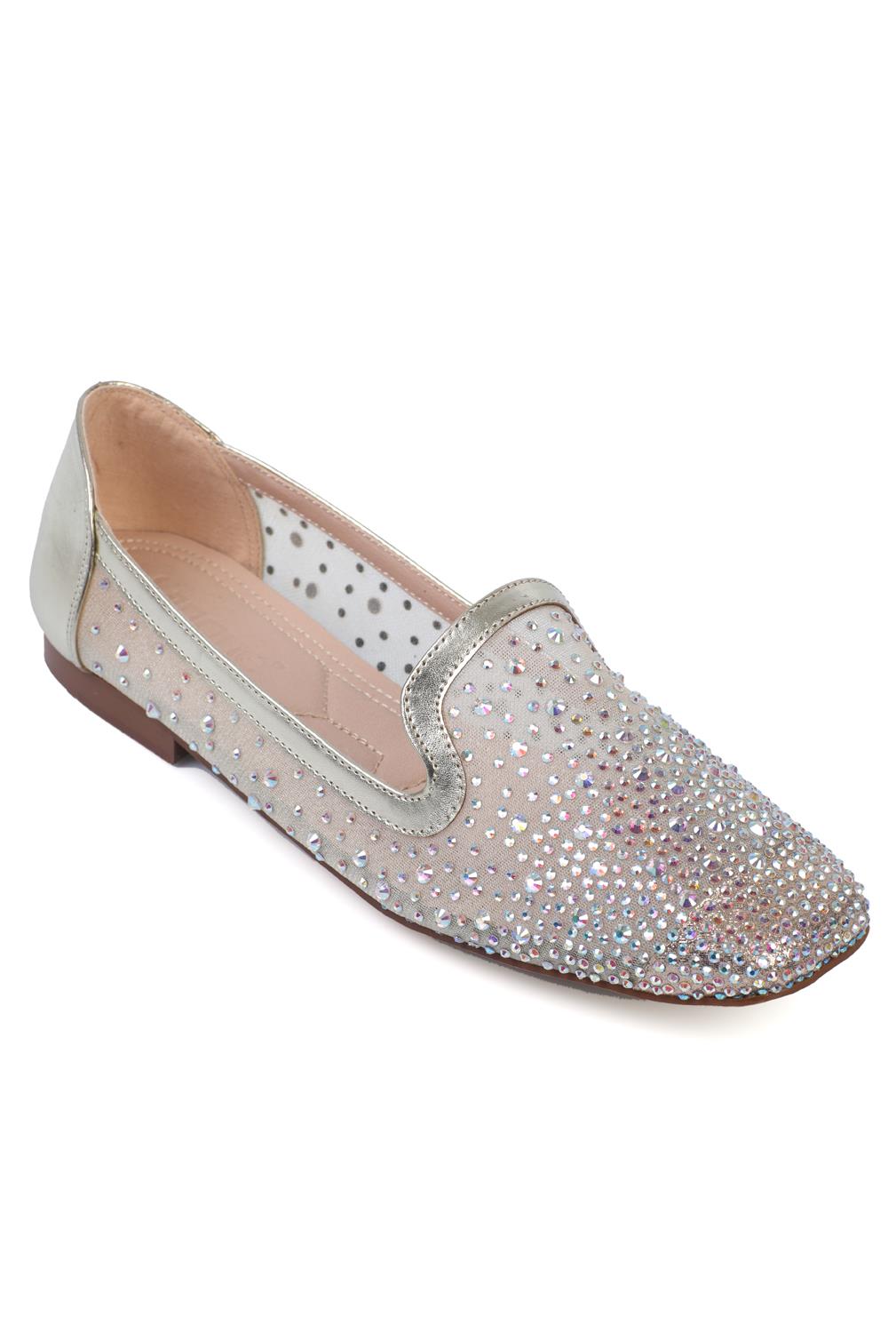 Capone Blunt Toe Meshed Crystal Embellished Women Metallic Gold Stylish Ballerinas