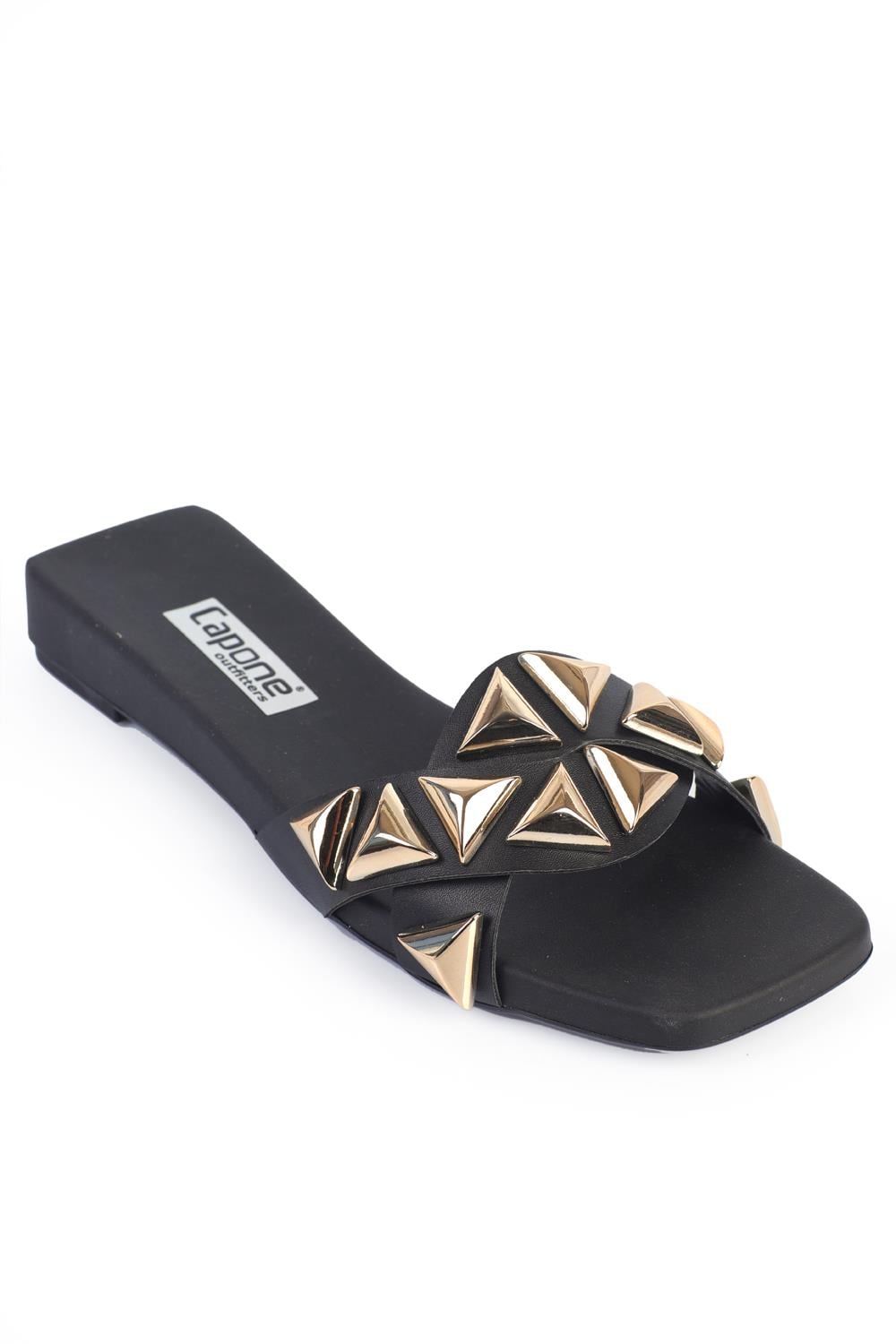 Capone Blunt Toe Metal Accessory Short Heeled Comfort Women Black Sandals
