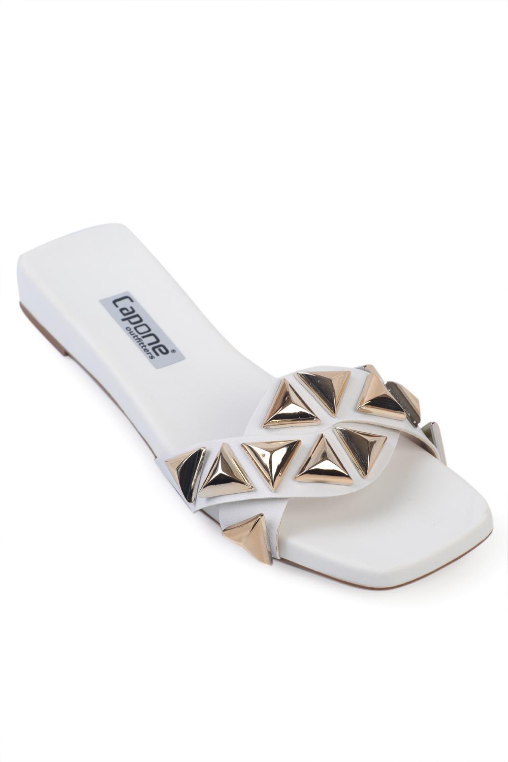 Capone Blunt Toe Metal Accessory Short Heeled Comfort Women White Sandals