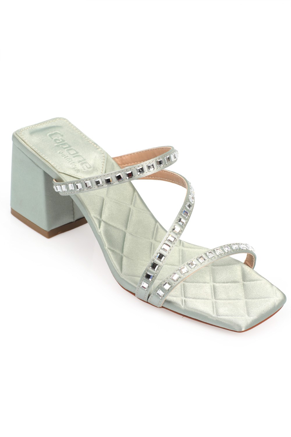 Capone Blunt Toe Mid Heel Cristal Embellished Satin Women Mint Green Sandals