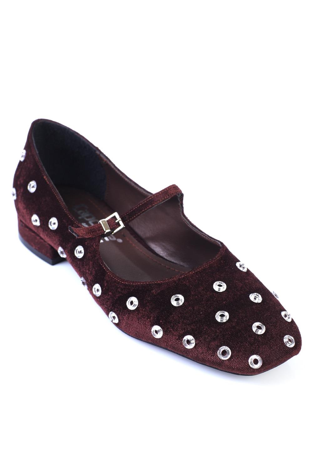 Capone Blunt Toe Studded Buckled  Women Brown Ballerinas