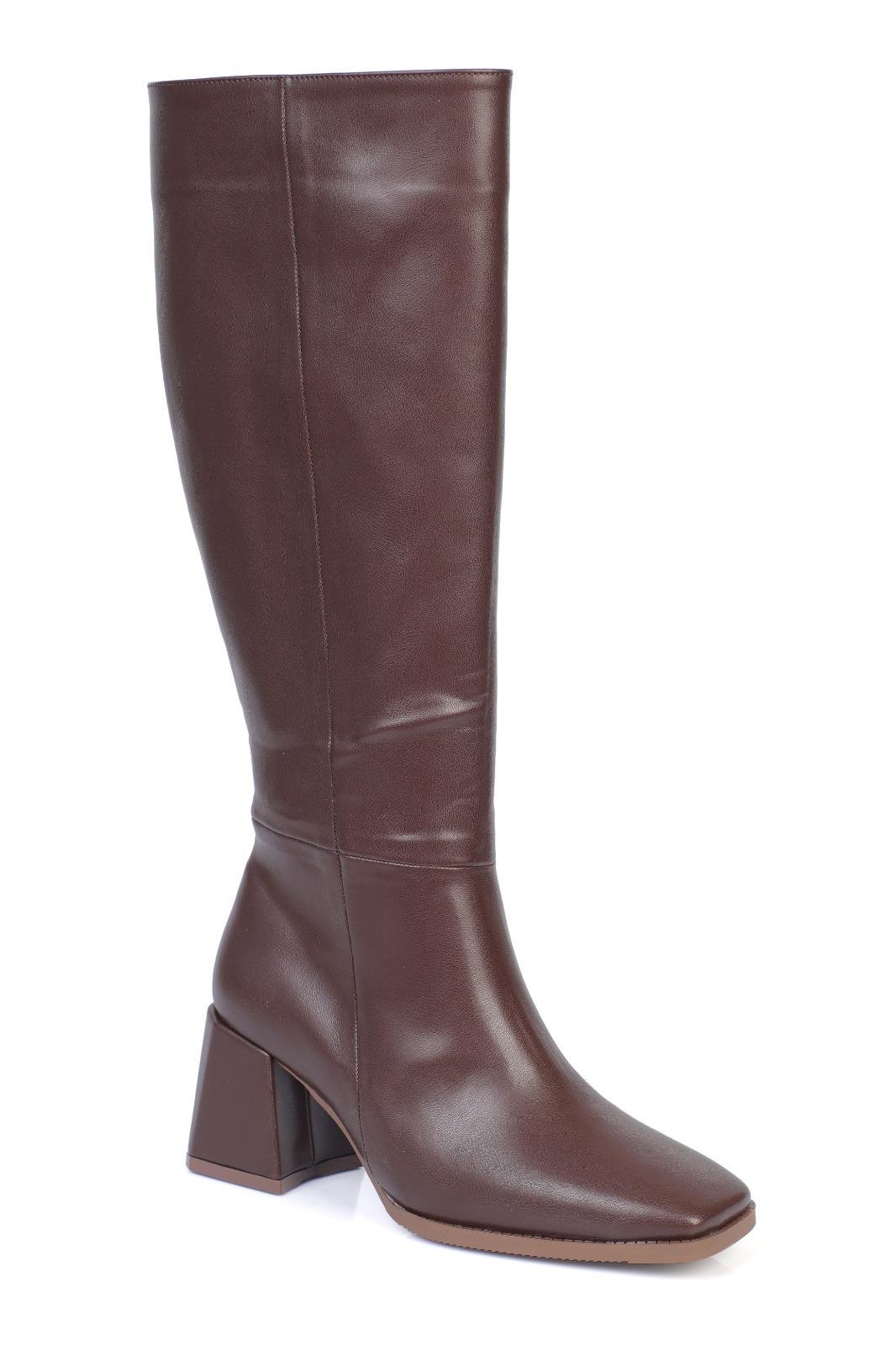 Capone Blunt Toe Thick Mid-Heel Zipper Tall Women Brown Boots