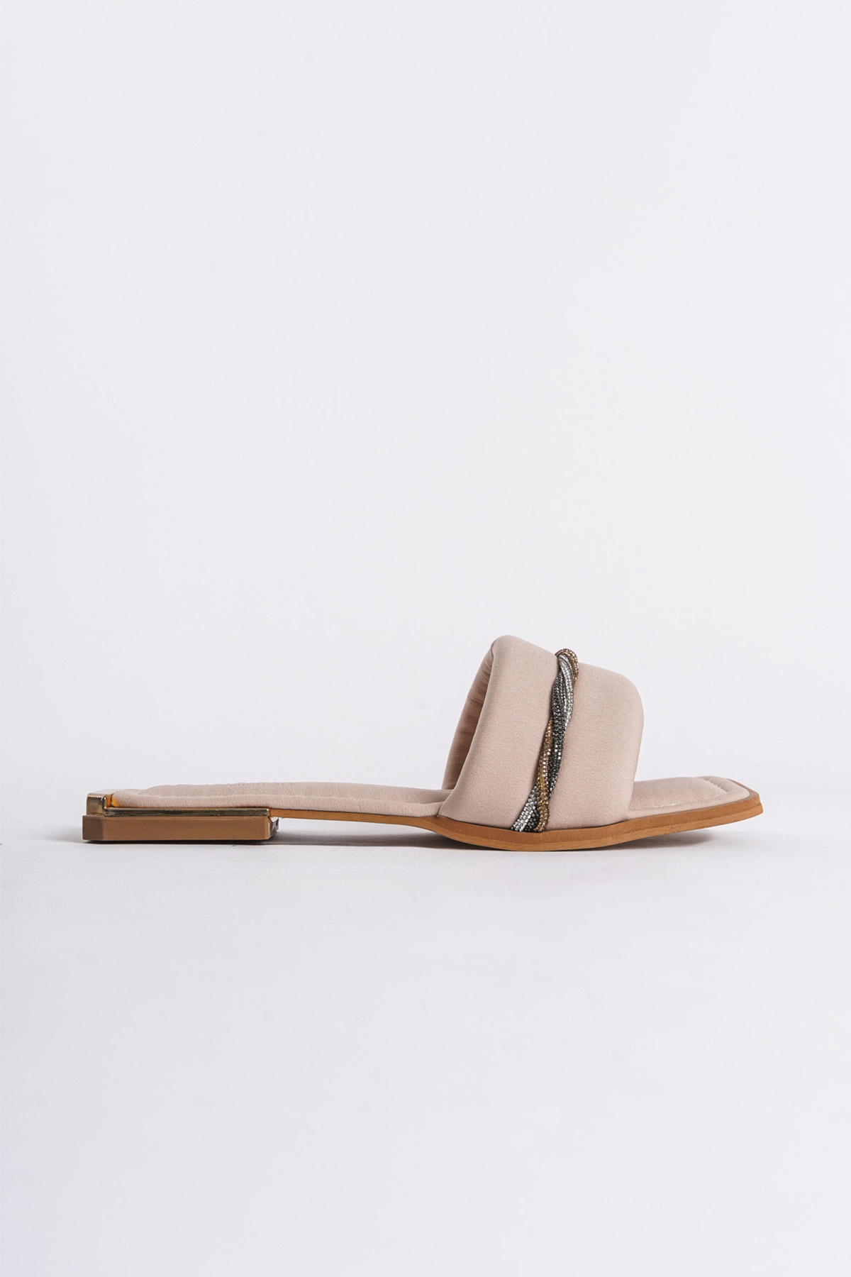 Capone Blunt Toe Three Colors Crystal Embellished Spiral Strap Metal Heel Detail Matt Satin Woman Sandals