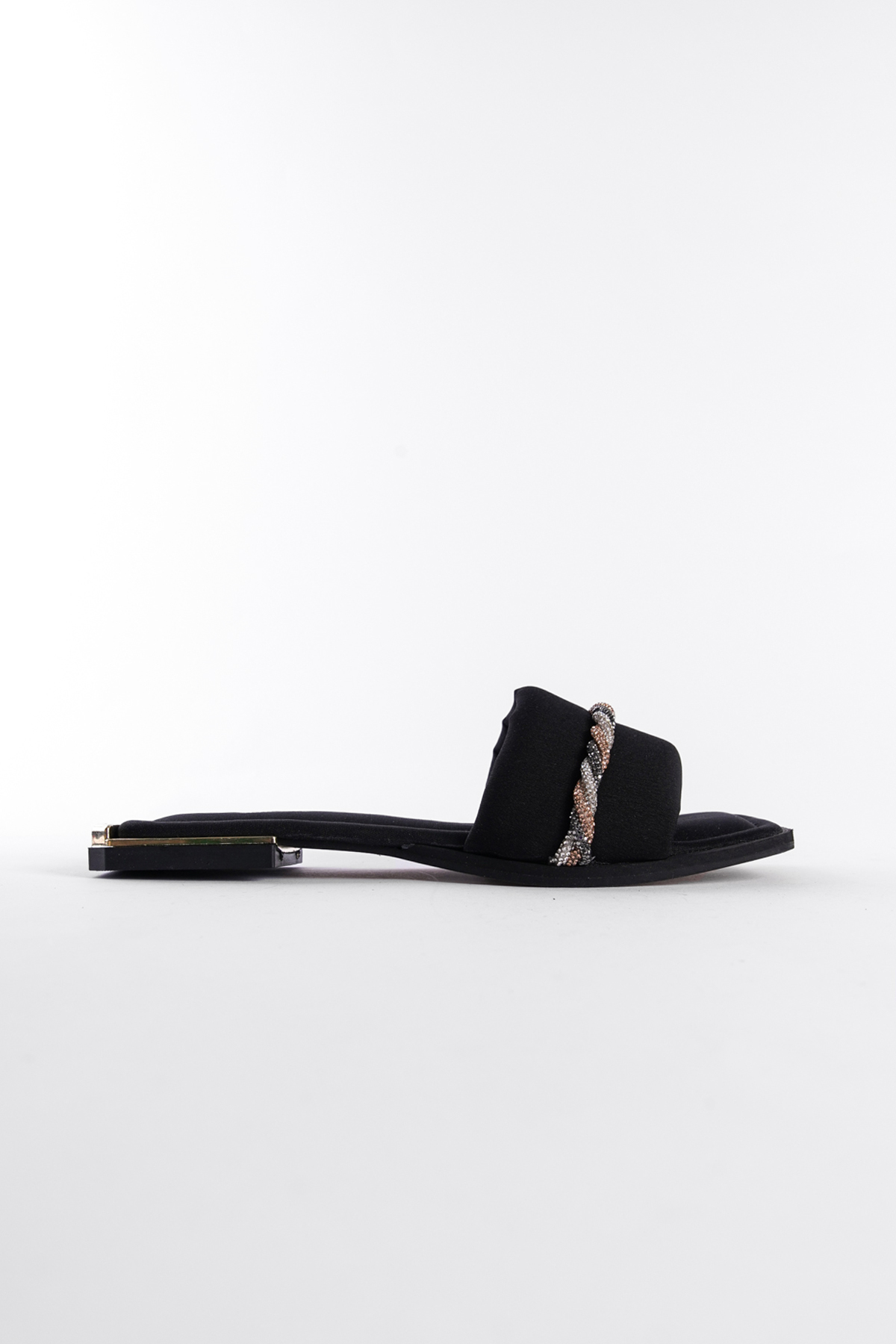Capone Blunt Toe Three Colors Crystal Embellished Spiral Strap Metal Heel Detail Matt Satin Woman Sandals
