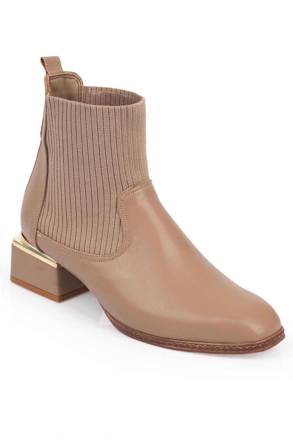 Capone Blunt Toe Tricot Side Zipper Gold Detail Low Heel Woman Boots