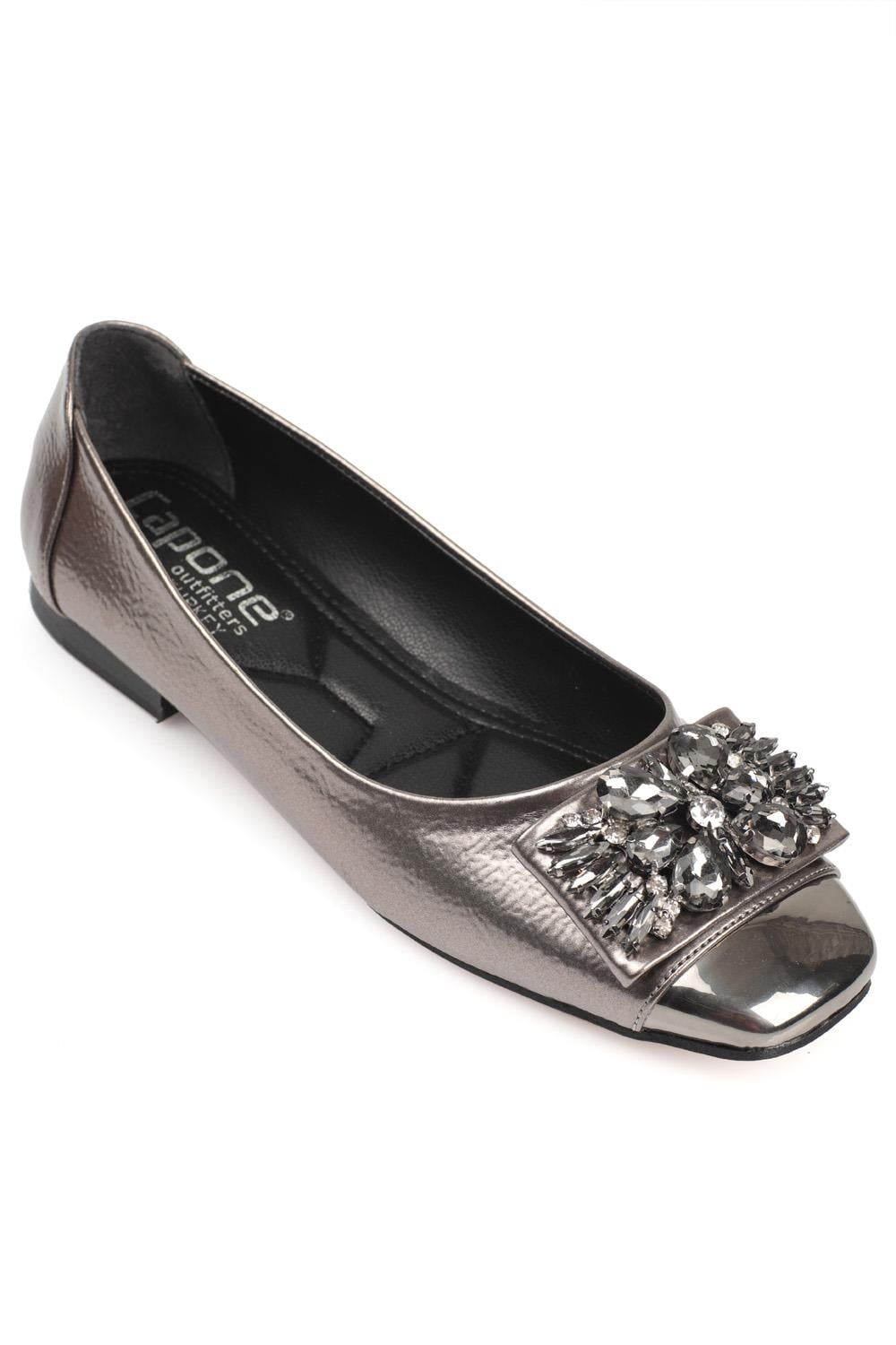 Capone Burnu Metalic Cristal Embellished Bouckle Chic Ballet Women Platinum Flats