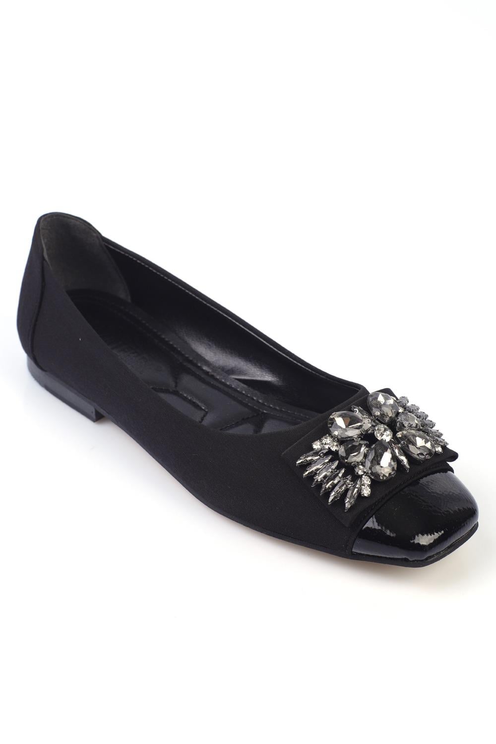 Capone Burnu Metalic Cristal Embellished Bouckle Chic Ballet Women Black Flats
