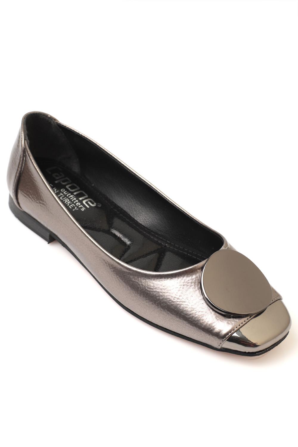 Capone Burnu Metalic Metalic Bouckle Chic Ballet Women Platinum Flats