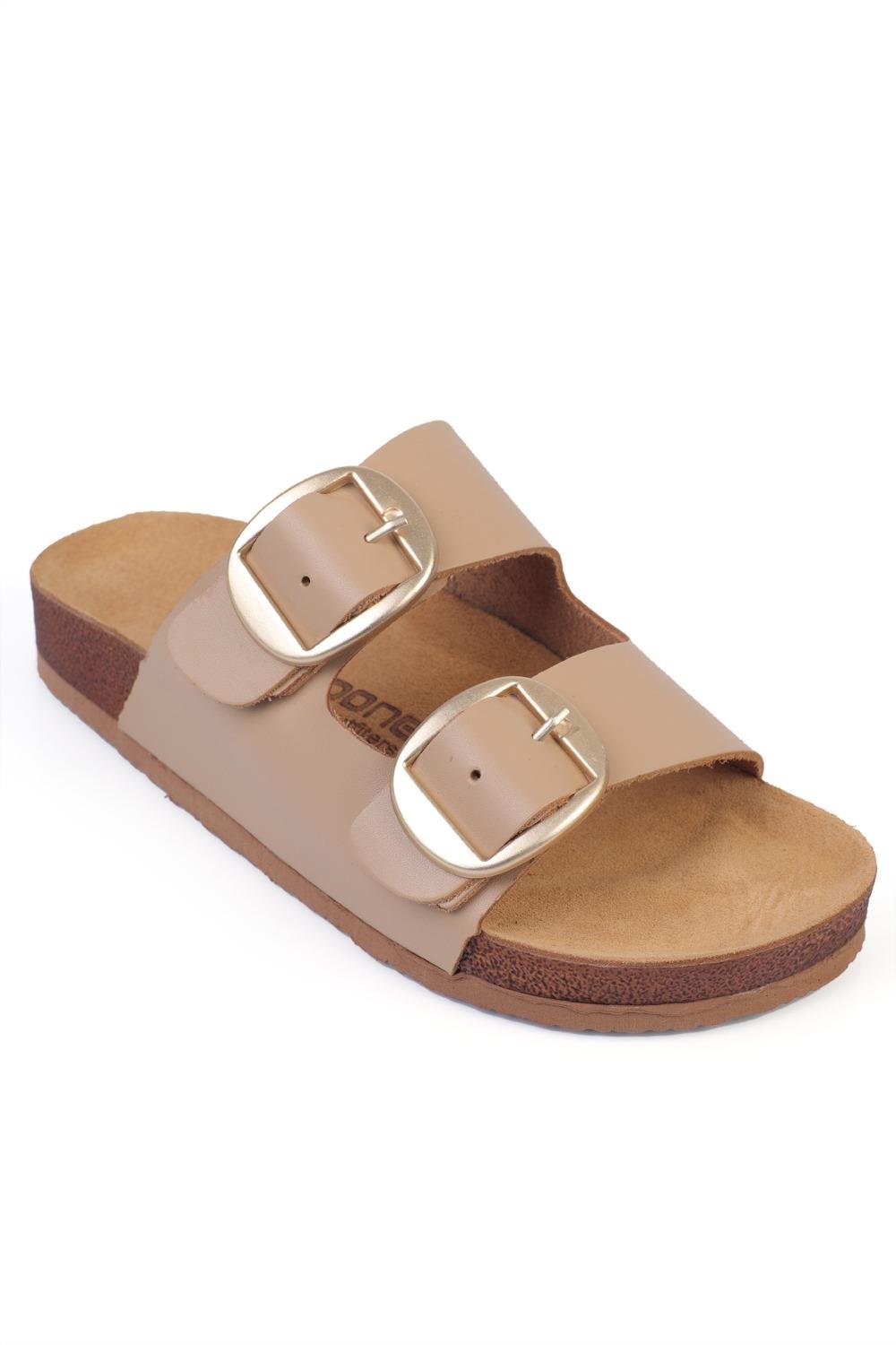 Capone Cathie Two Large Buckled Anatomical Cork Sole Leather Women  Sandals