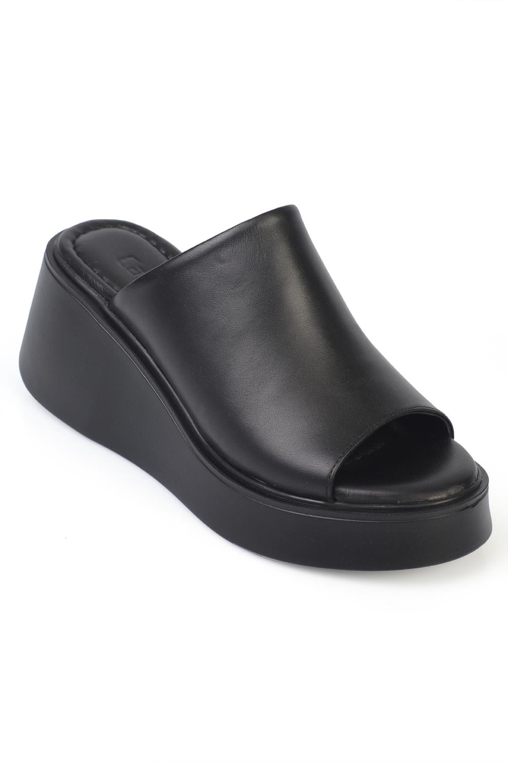 Capone Cecilia Genuine Leather Wedge Heel Single Band Women Black Sandal