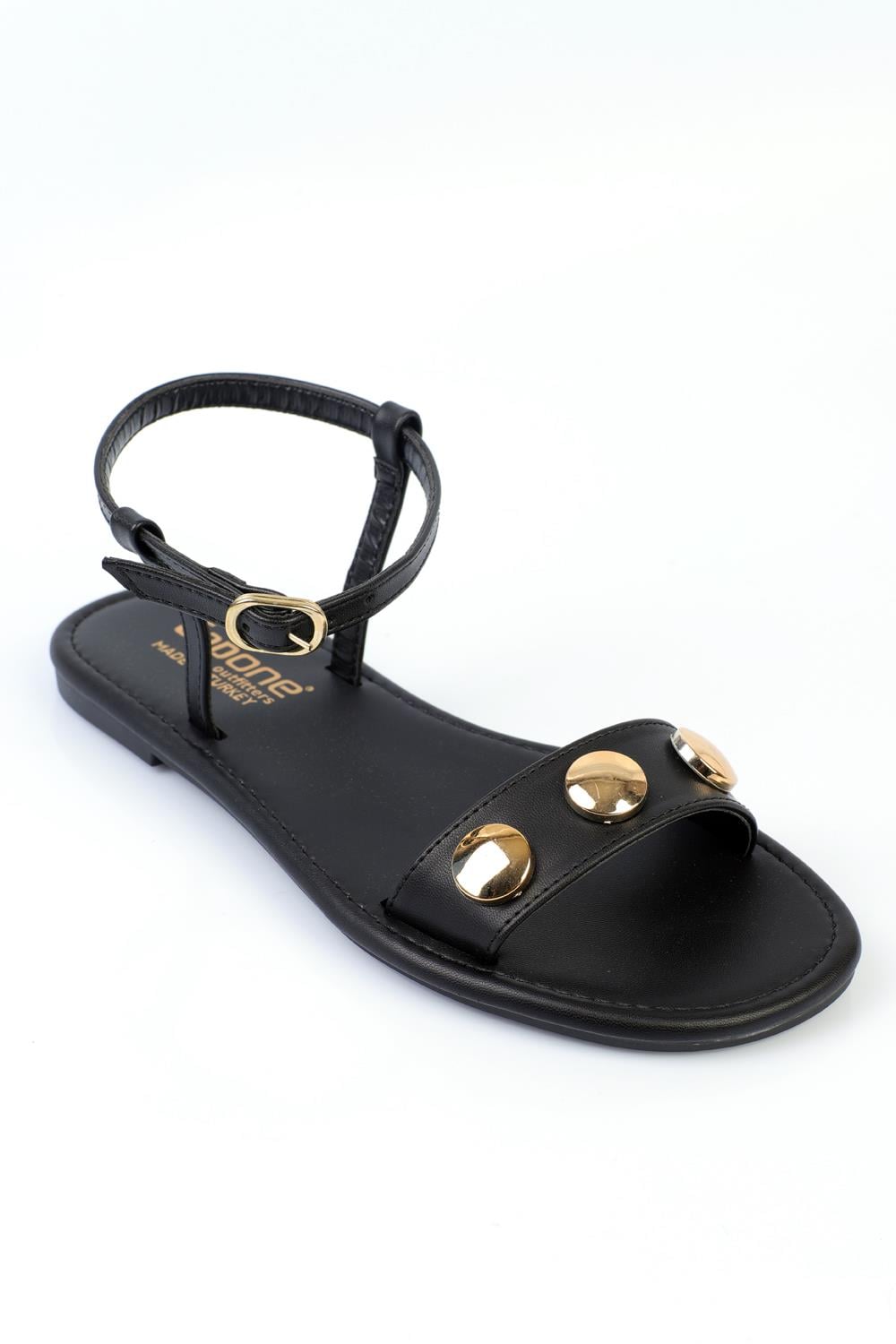 Capone Celina Metal Accessory Single Ankle Strap Flat Heel Round Toe Women Black Sandals
