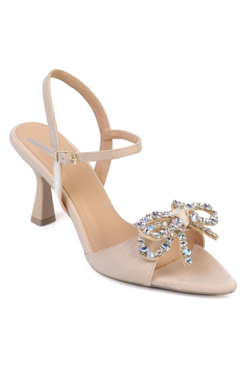 Capone Cissie Pointed Toe Crystal Embellished Ankle Strap Satin Mid Heel Women Beige Shoe
