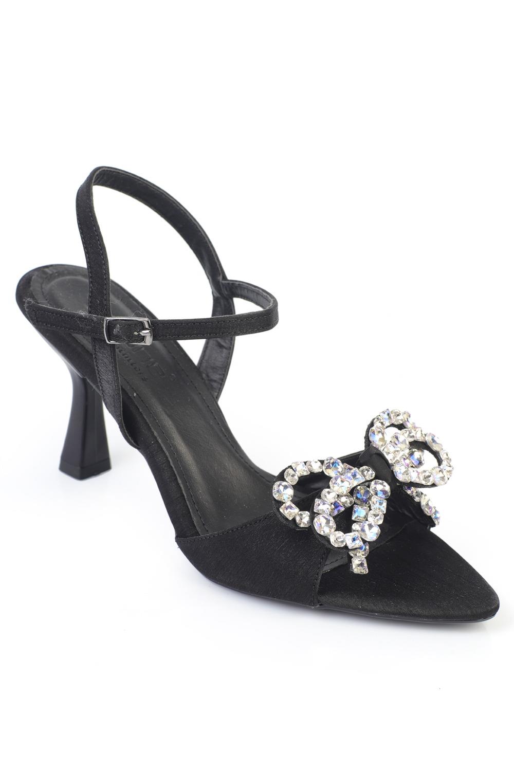 Capone Cissie Pointed Toe Crystal Embellished Ankle Strap Satin Mid Heel Women Black Shoe