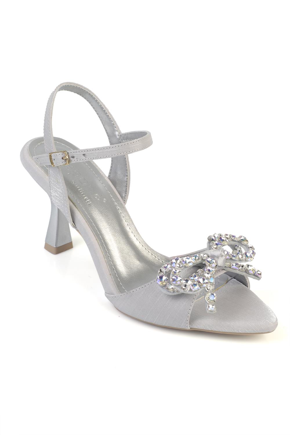 Capone Cissie Pointed Toe Crystal Embellished Ankle Strap Satin Mid Heel Women Silver Shoe