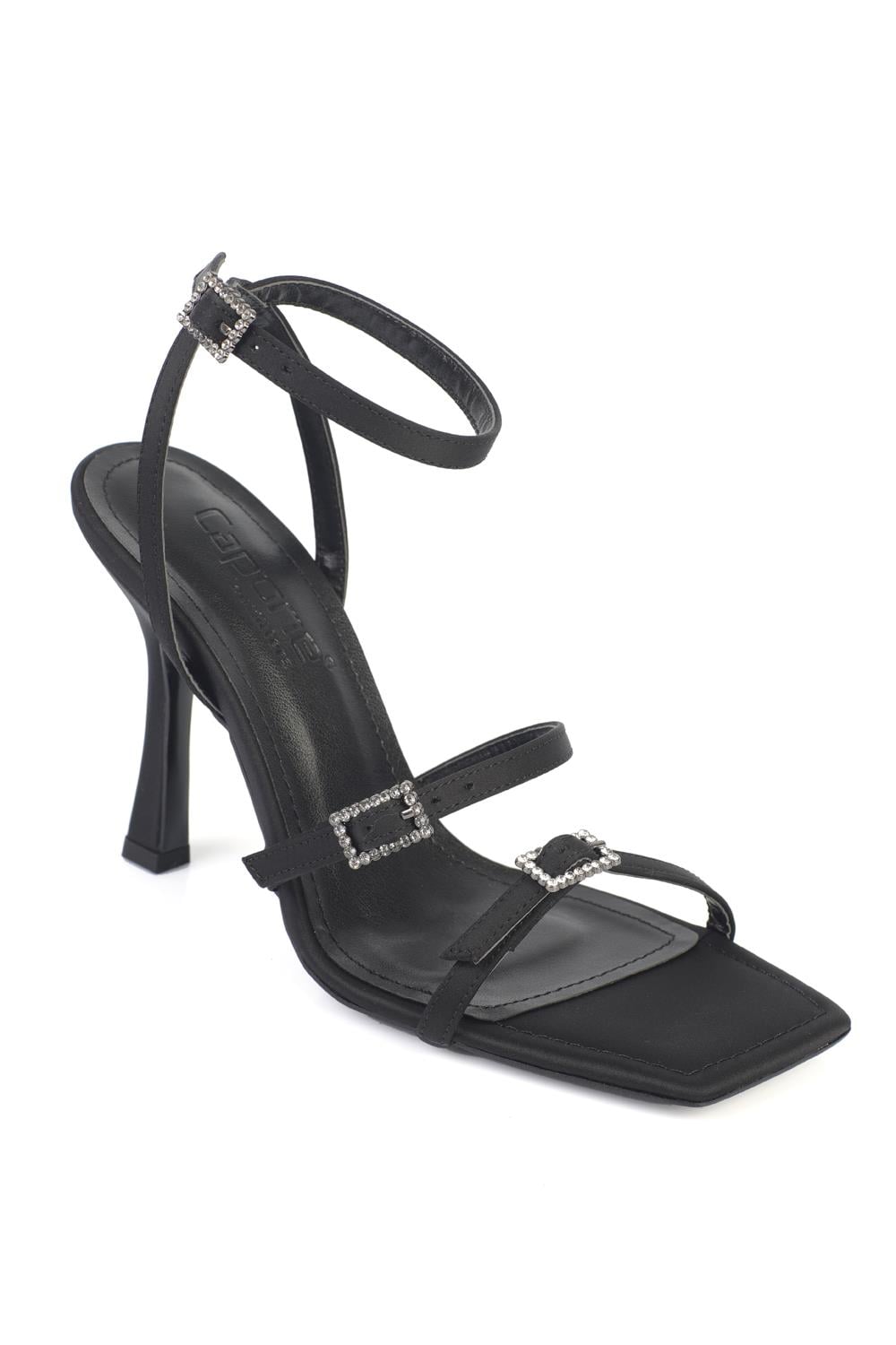 Capone Connie Square Toe Ankle Strap Crystal Embellished Buckle Mid Heel Women Satin Black Shoe