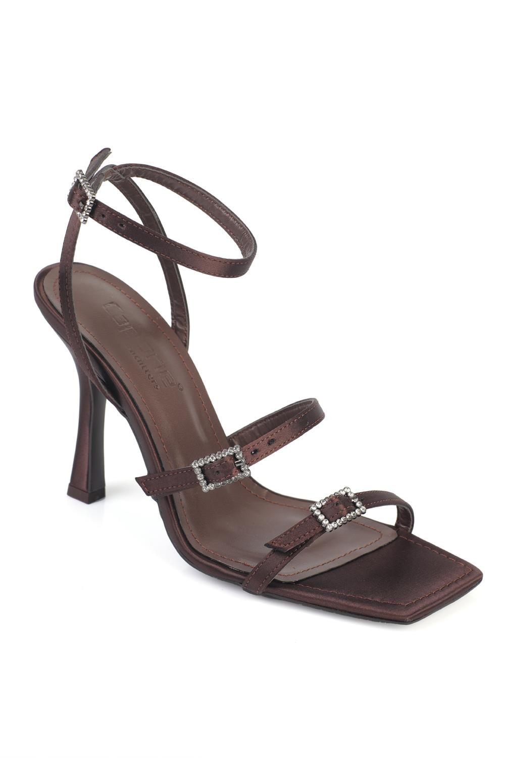 Capone Connie Square Toe Ankle Strap Crystal Embellished Buckle Mid Heel Women Satin Brown Shoe