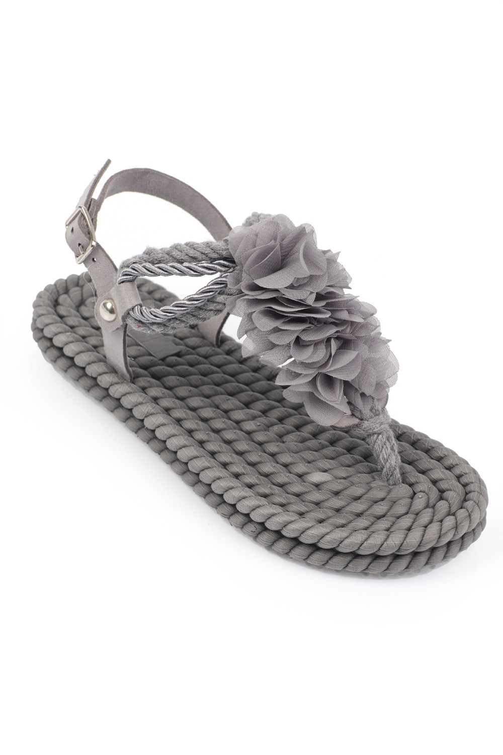 Capone Corded Rope Flower Detail Women Grey Thong Sandals