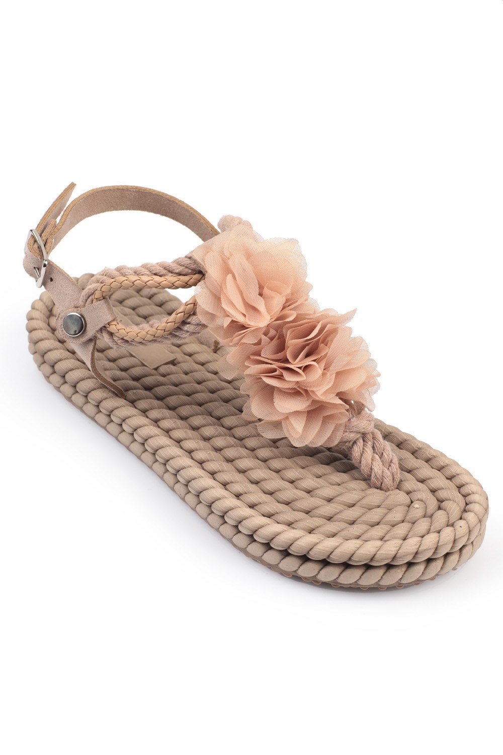 Capone Corded Rope Flower Detail Women Beige Thong Sandals