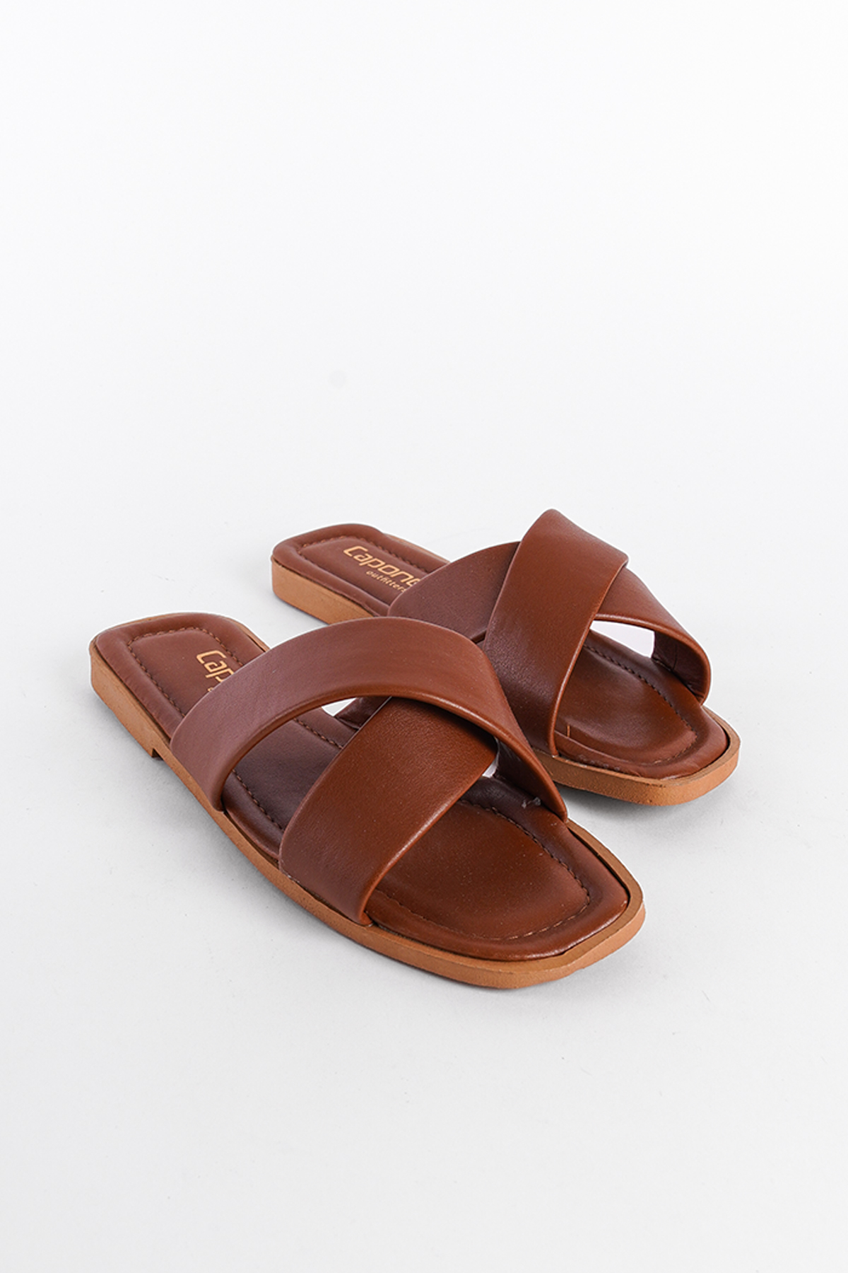 Capone Cross Band Soft Sole Blunt Toe Crinkly Patent Leather Women Tan Daily Sandals