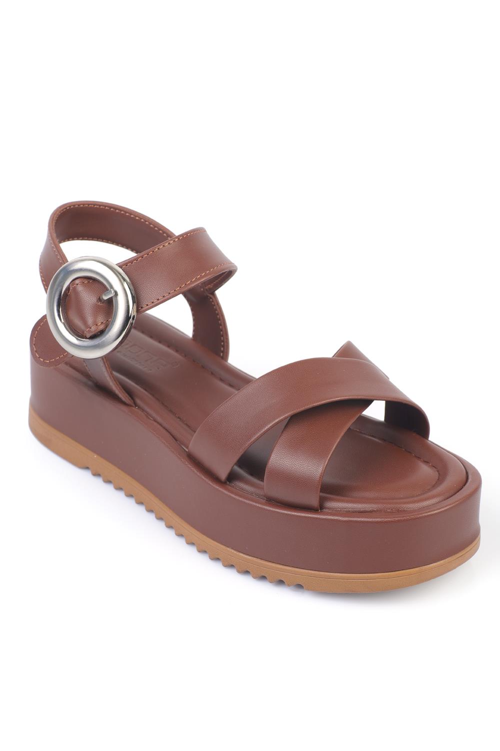 Capone Cross Strap Comfort Buckle Wedge Heel Women Dark Brown Sandals