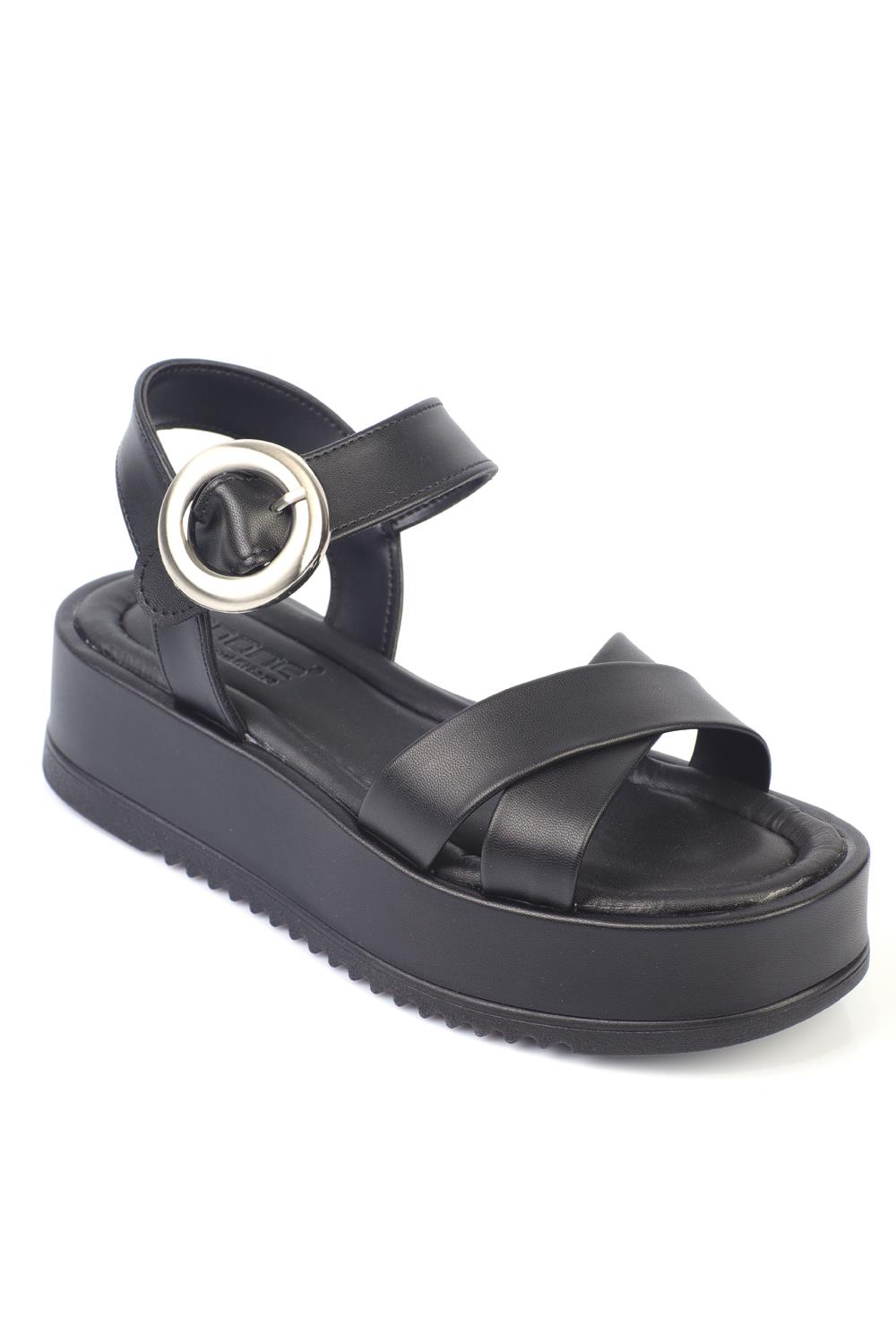 Capone Cross Strap Comfort Buckle Wedge Heel Women Black Sandals