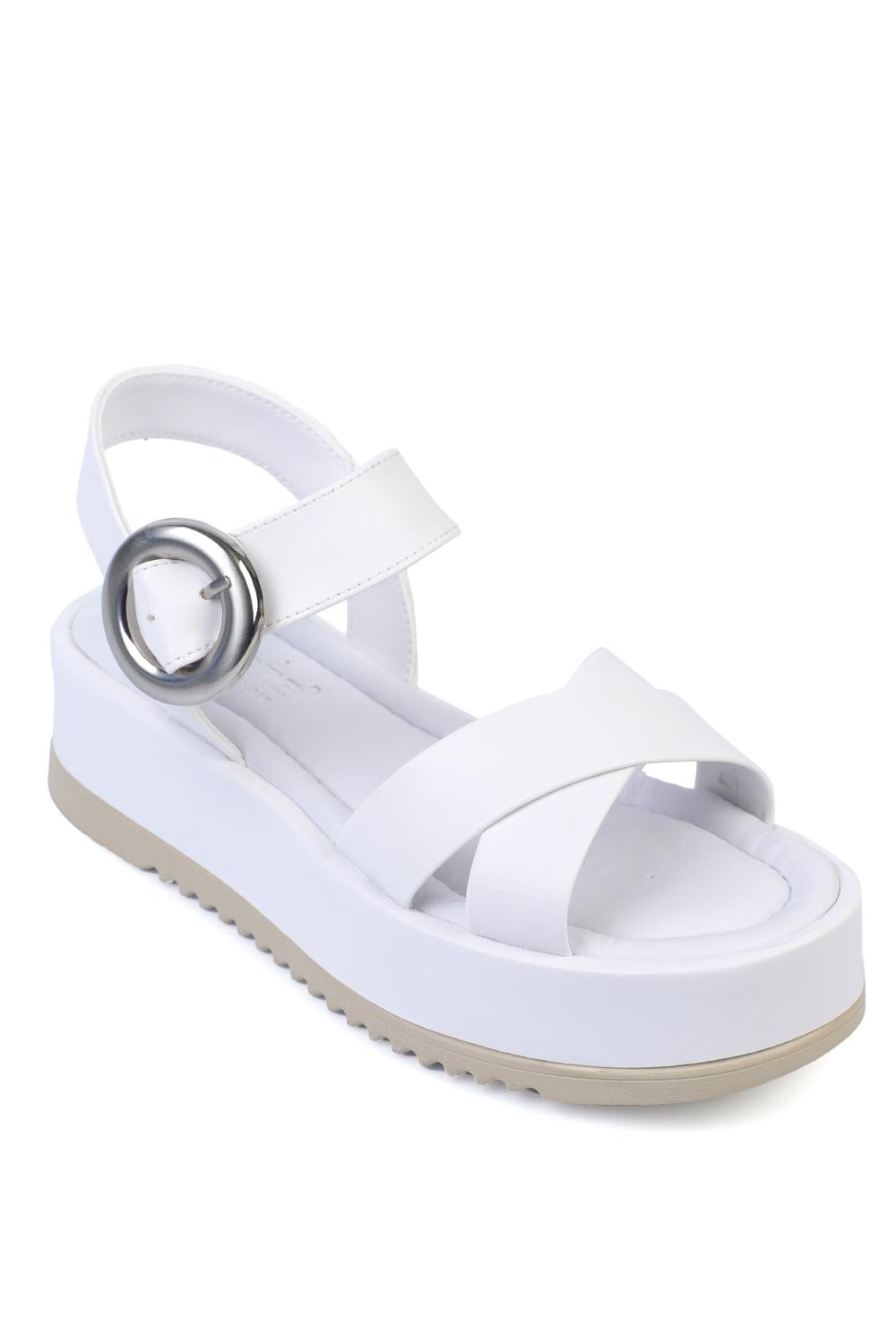 Capone Cross Strap Comfort Buckle Wedge Heel Women White Sandals