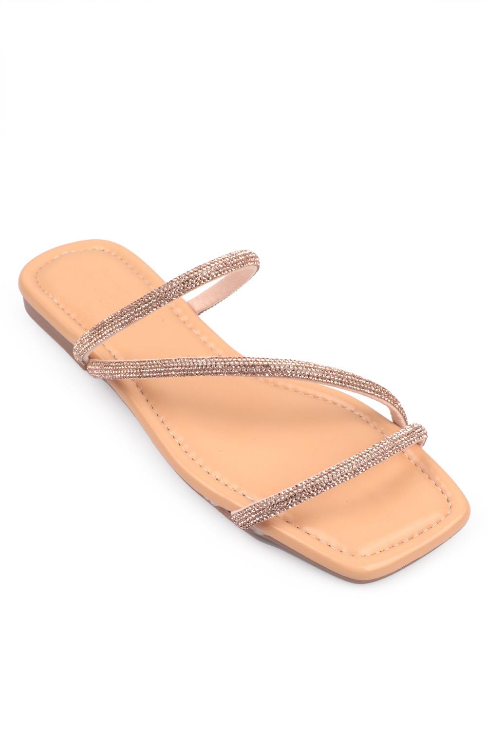 Capone Crystal Embellished 3 Banded Flat Heel  Quilted Woman Sandals