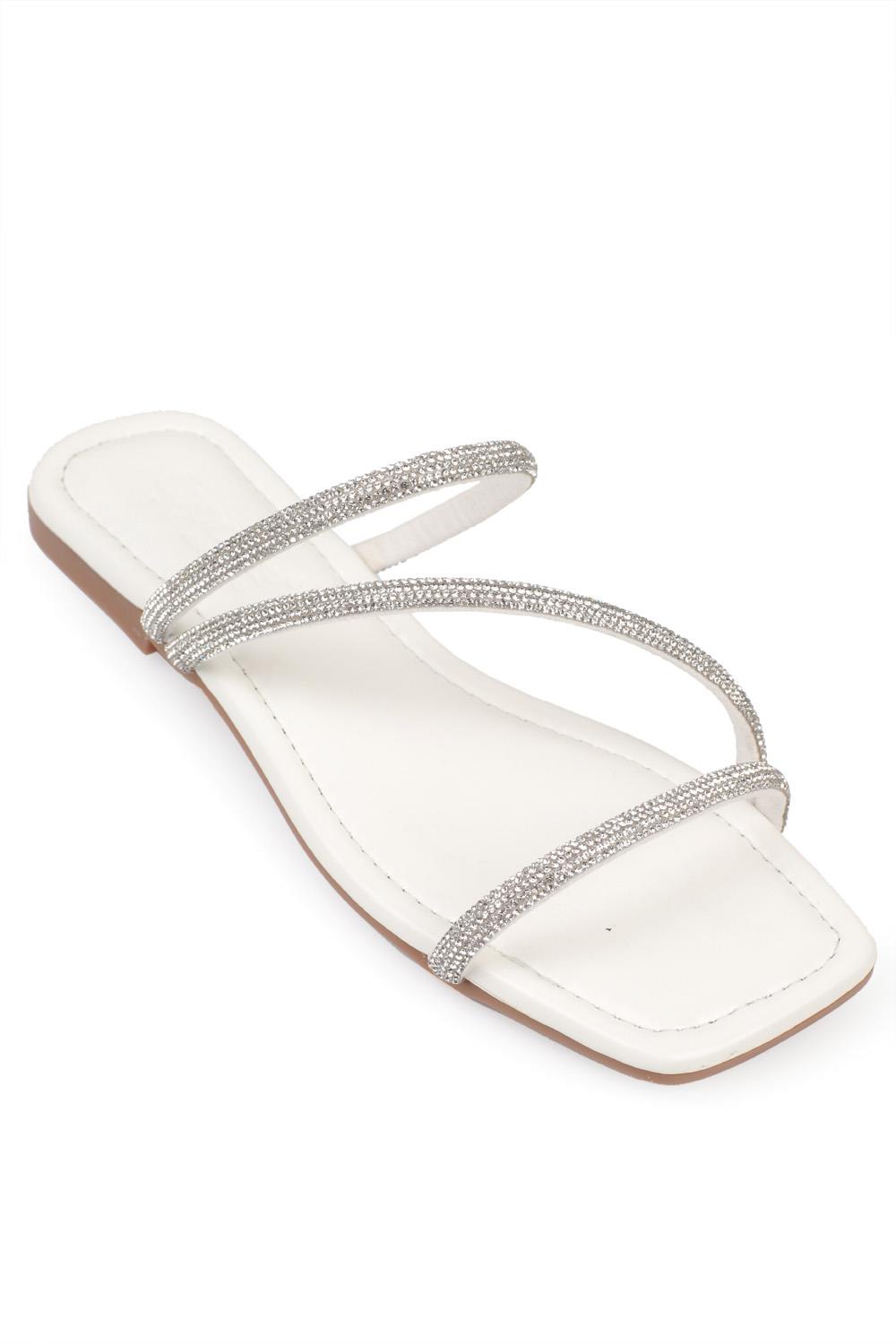 Capone Crystal Embellished 3 Banded Flat Heel  Quilted Woman Sandals