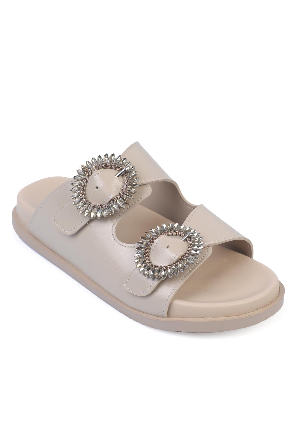 Capone Crystal Embellished Buckle Flat Heel Women Beige Sandals