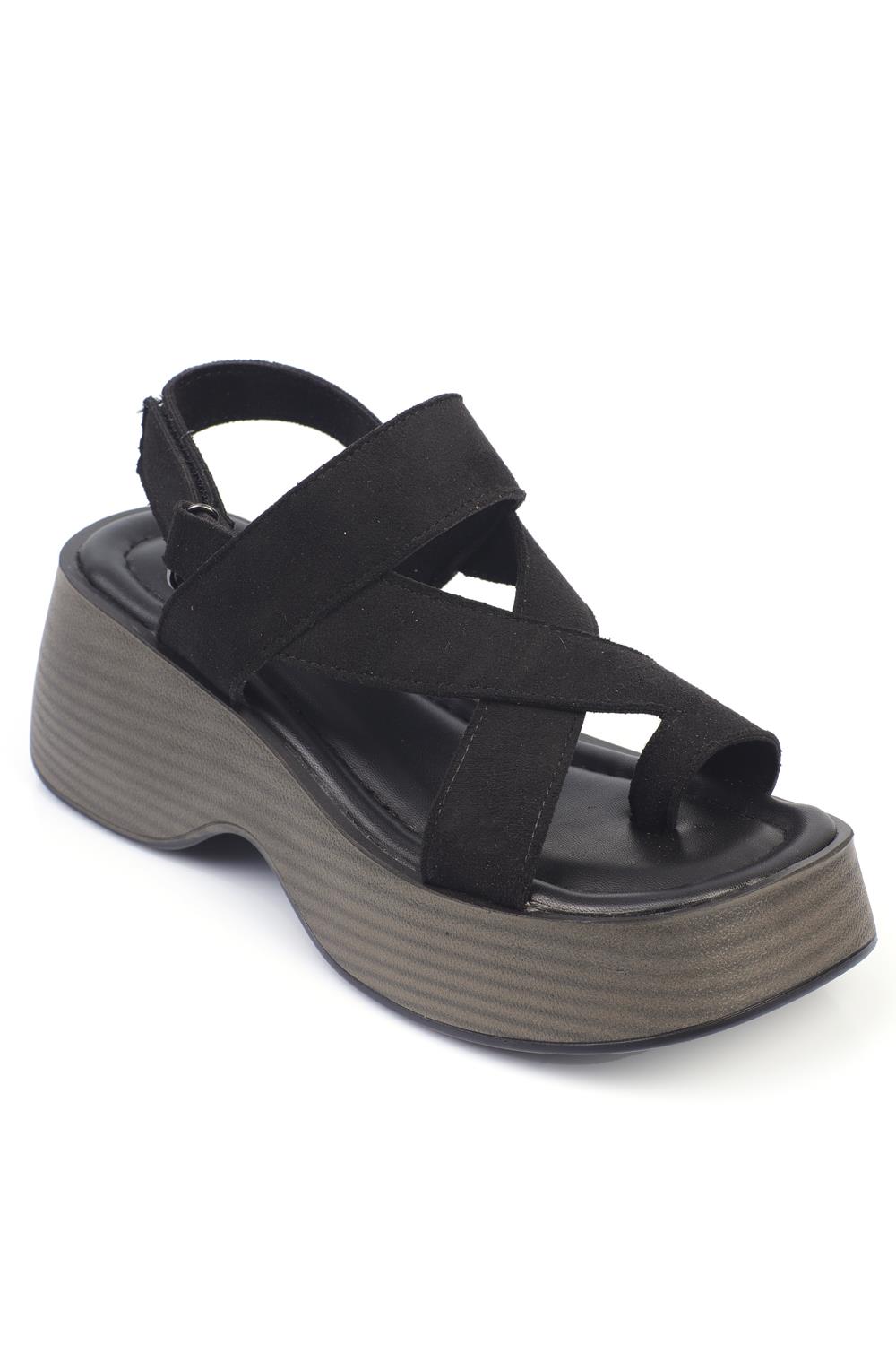 Capone Crystal Embellished Buckled Suede Wedge Heeled Women Black Sandals