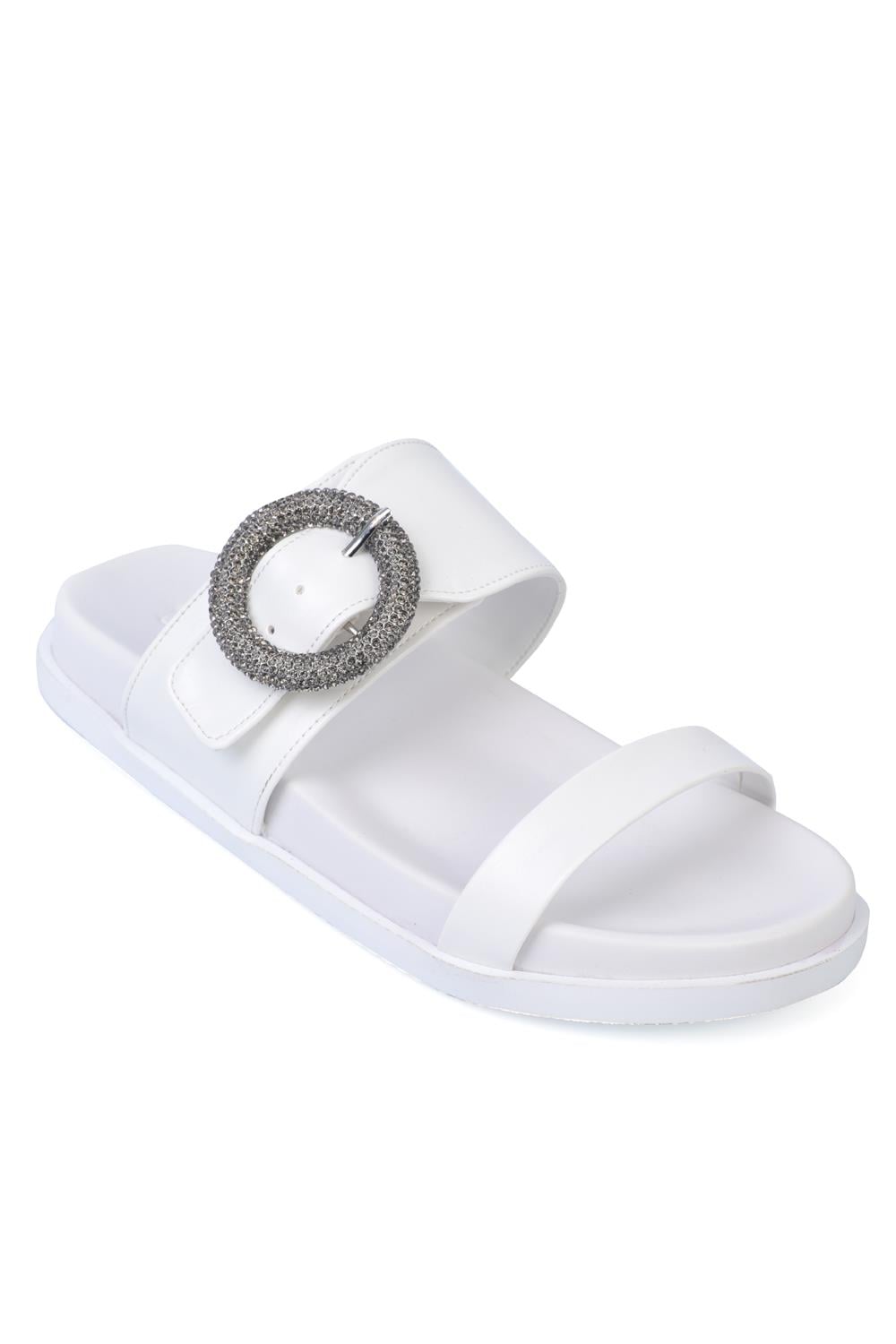 Capone Crystal Embellished Buckled Women White Comfort Sandals