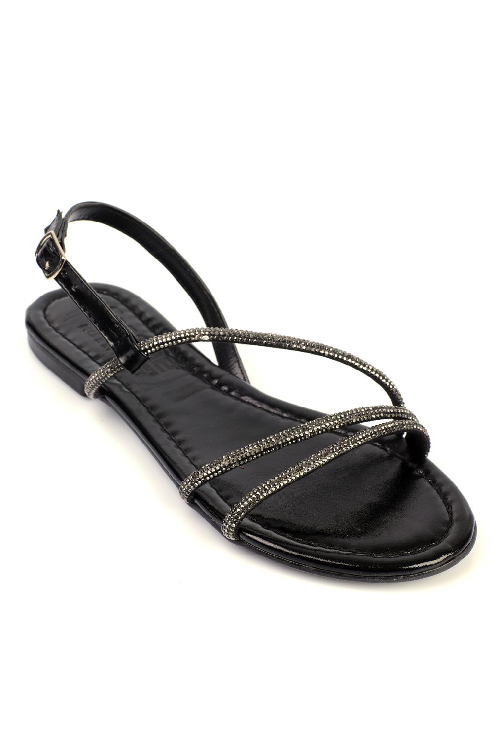 Capone Crystal Embellished Flat Heel Women Metallic Black Sandals