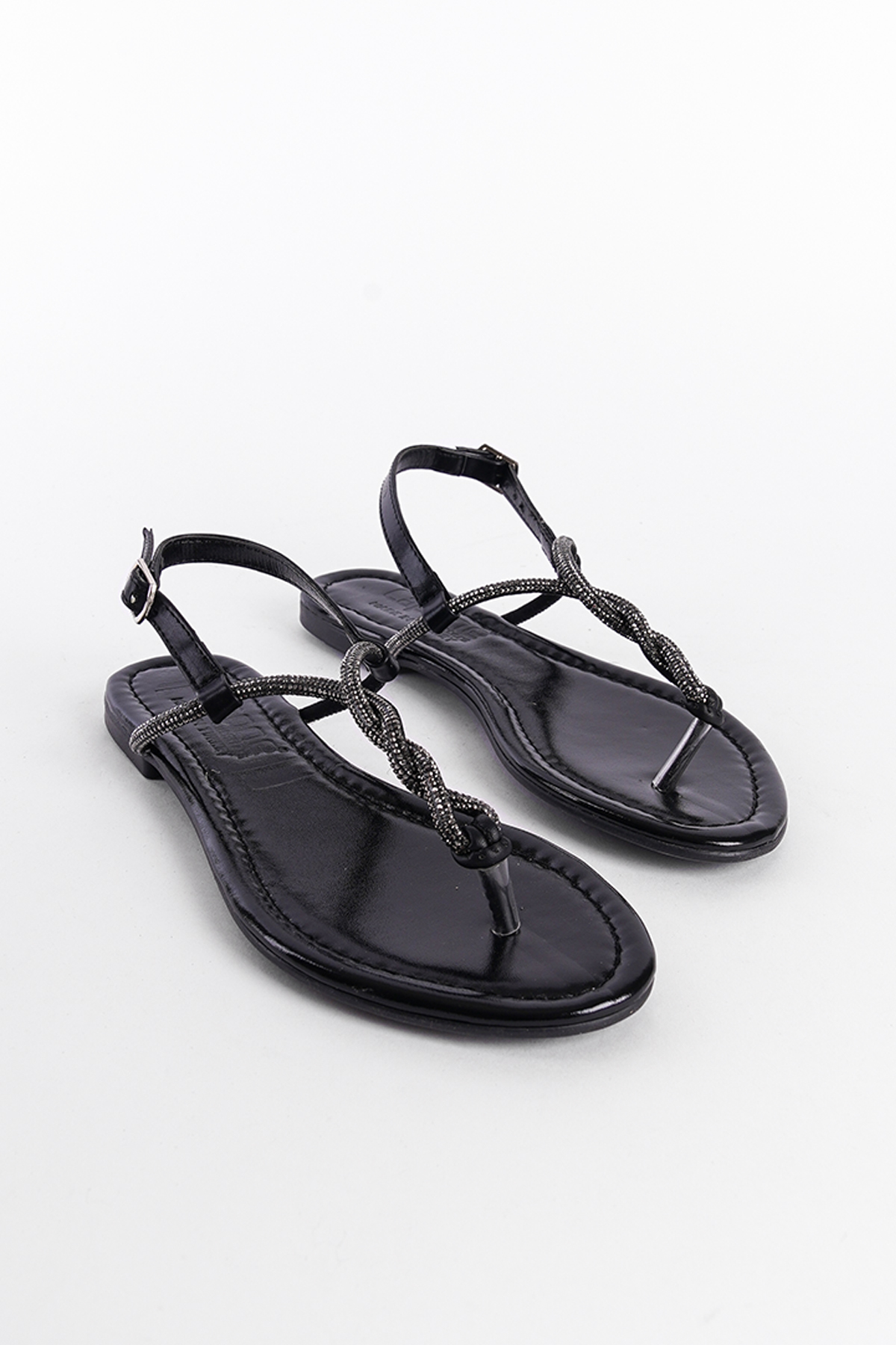 Capone Crystal Embellished Flat Heel Women Metallic Black Thong Sandals