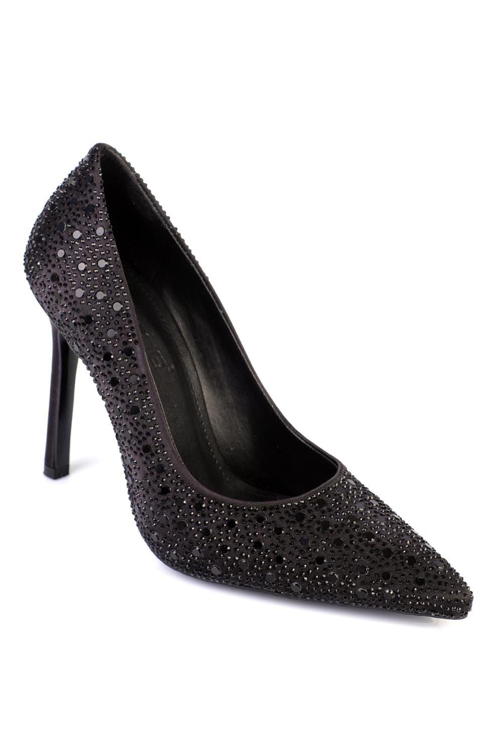 Capone Crystal Embellished High Heeled Satin Women Satin Black Stiletto