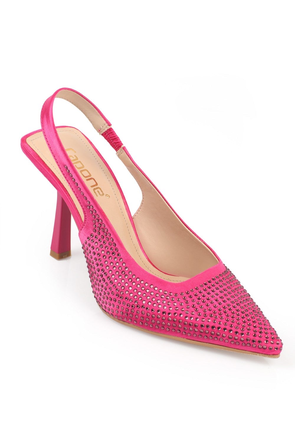 Capone Crystal Embellished Satin Pointed Toe Slingback Woman Mid Heel Shoes