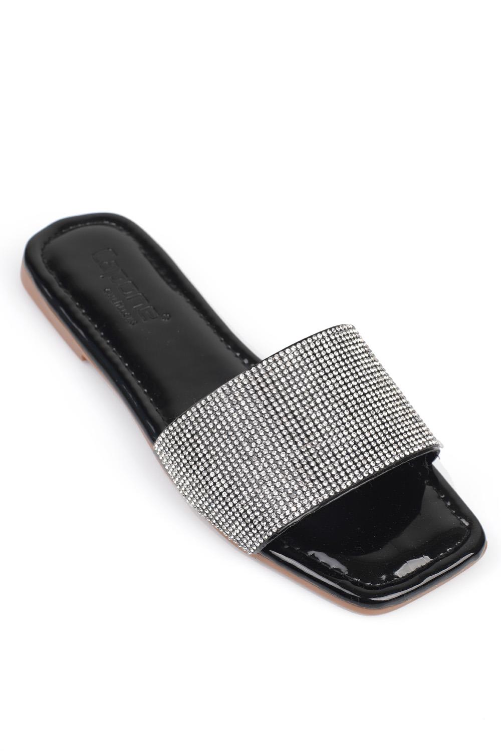 Capone Crystal Embellished Single Band Flat Heel  Quilted Woman Sandals