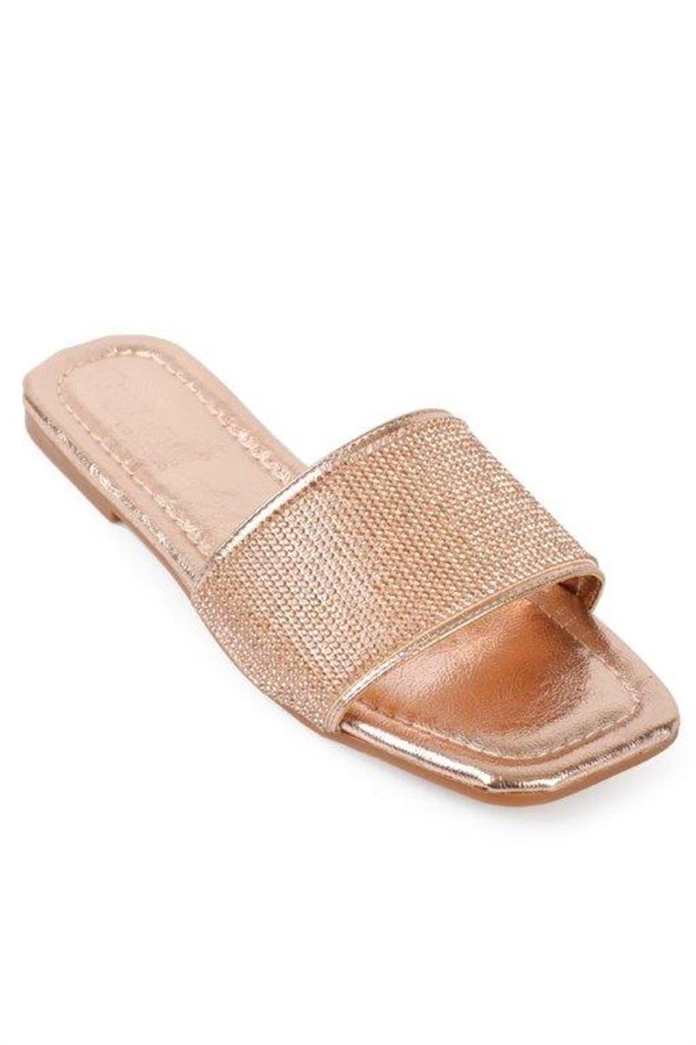Capone Crystal Embellished Single Banded Flat Heel  Quilted Woman Sandals