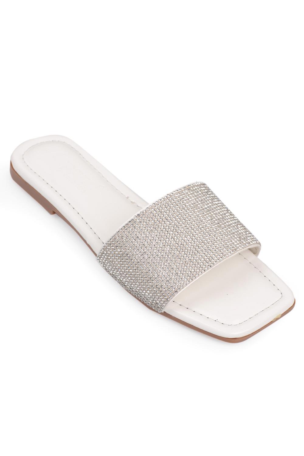 Capone Crystal Embellished Single Band Flat Heel  Quilted Woman Sandals