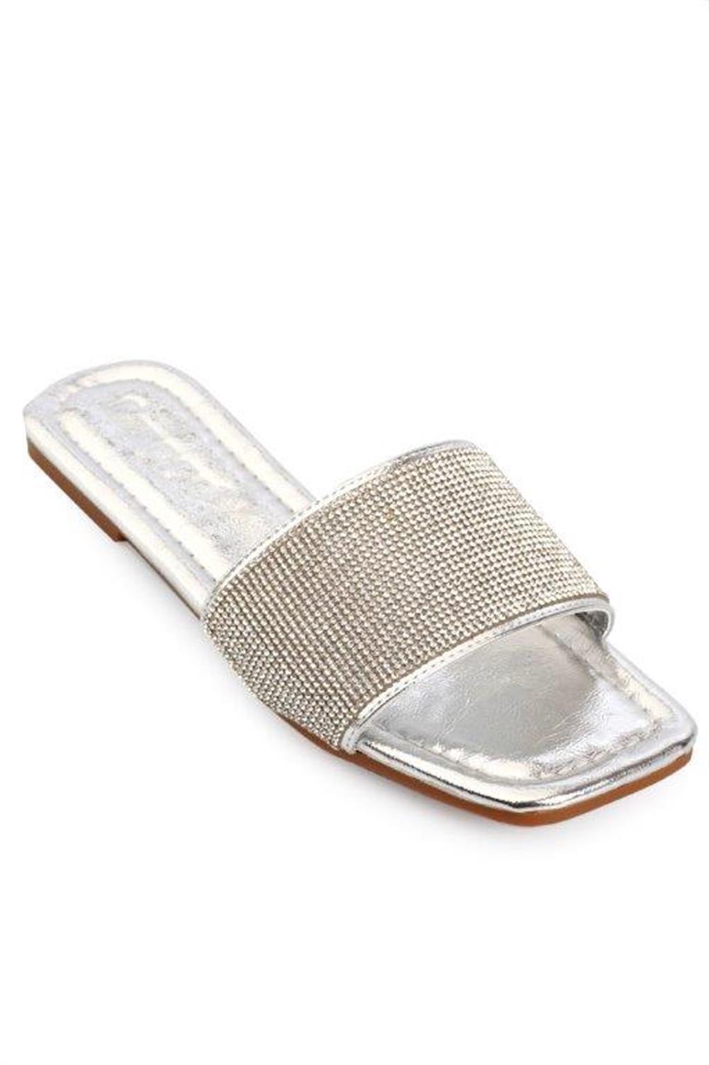 Capone Crystal Embellished Single Banded Flat Heel  Quilted Woman Sandals