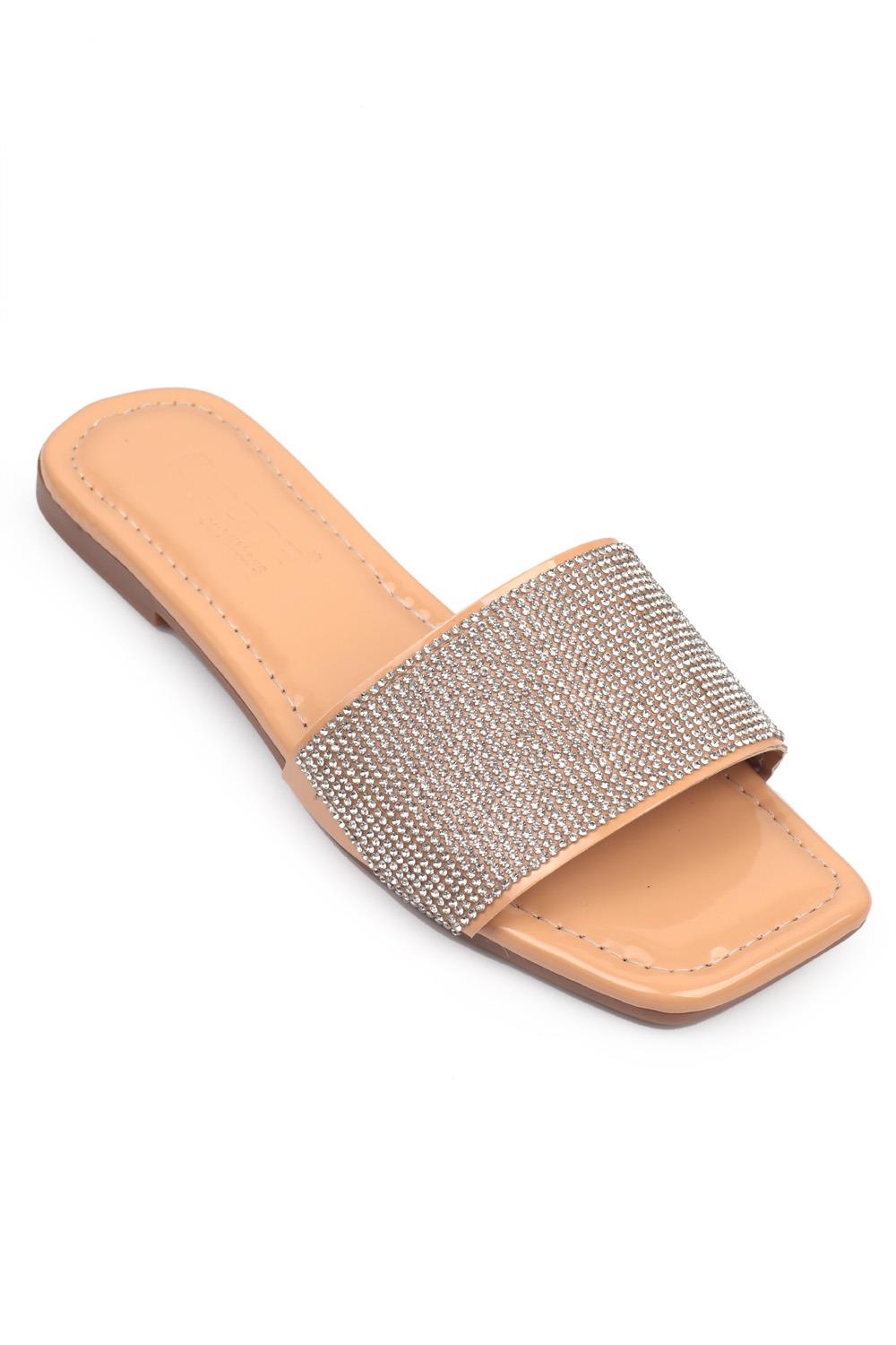 Capone Crystal Embellished Single Band Flat Heel  Quilted Woman Sandals