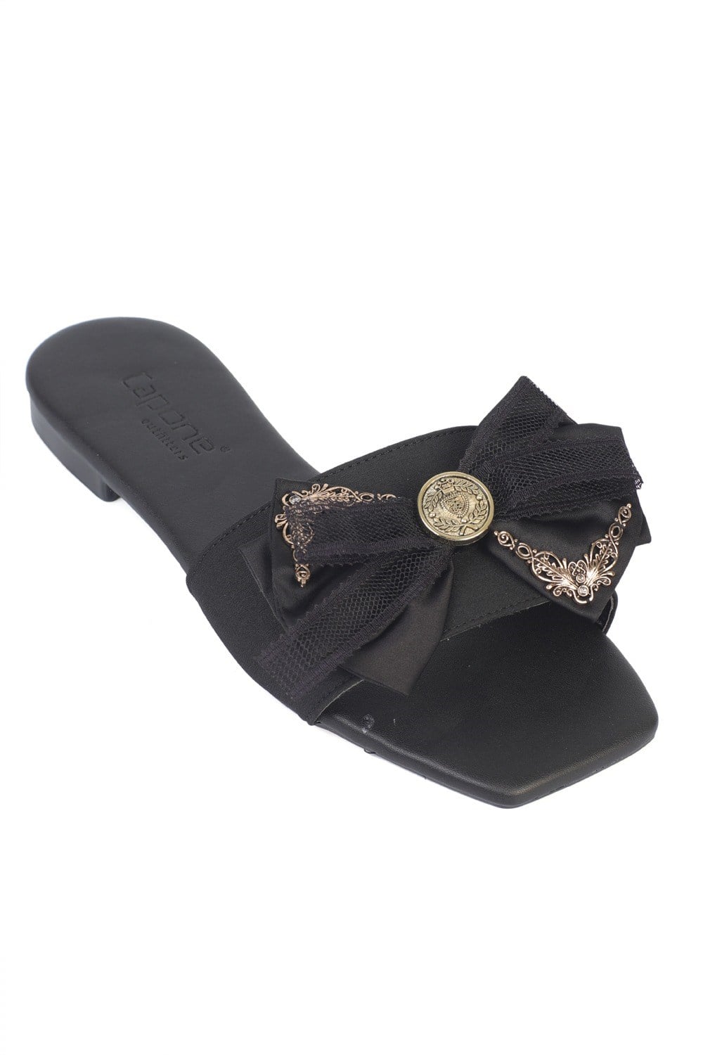 Capone  Daniella Square Toe Satin Bow Detail Flat Heel Women Satin Black Sandal