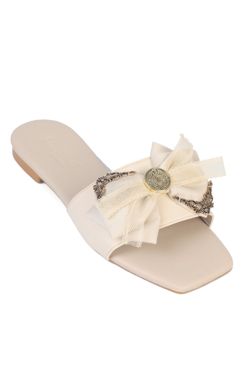 Capone  Daniella Square Toe Satin Bow Detail Flat Heel Women Satin Beige Sandal